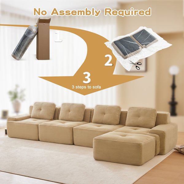 English Elm 153" Modern L-Shaped Sectional Sofa In Camel Corduroy With Movable Ottoman & Tufted Comfort Design W714S01472