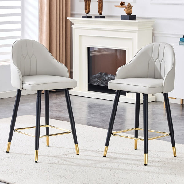 English Elm Set of 2 Pu Leather Barstools with Gold Footrest Curved Back for Kitchen Island Black,Light Gray W1151P383771