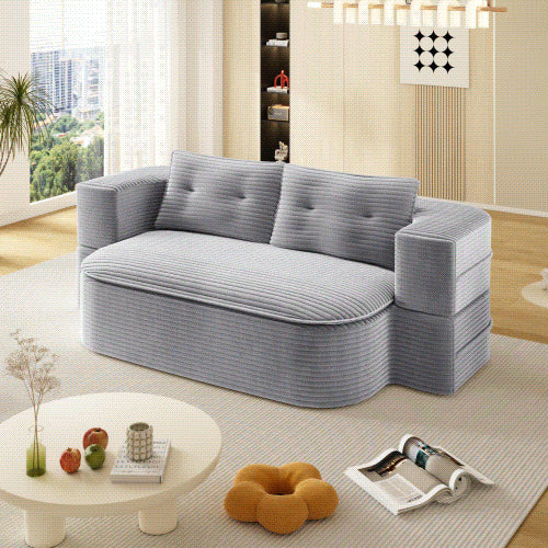 English Elm 78.7" Modern Foldable Corduroy Sofa Bed with 2 Plush Pillows, 2-in-1 Convertible Sleeper and Blanket LIGHT GREY W3219P317385