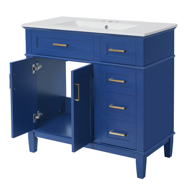 English Elm 36" Blue Modern Bathroom Vanity with Ceramic Sink, Solid Wood+MDF, Soft-Close Doors, 4 Drawers, Compact Elegance for Small Spaces N729P253935C