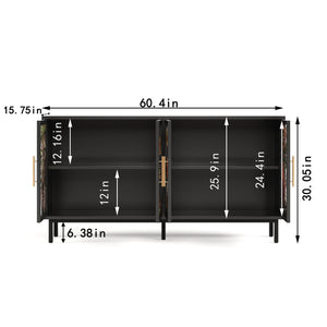 English Elm 60.3" Black Buffet Cabinet with Tropical Glazed Glass Doors, 4-Door Storage Console for Living Room W2263P367671
