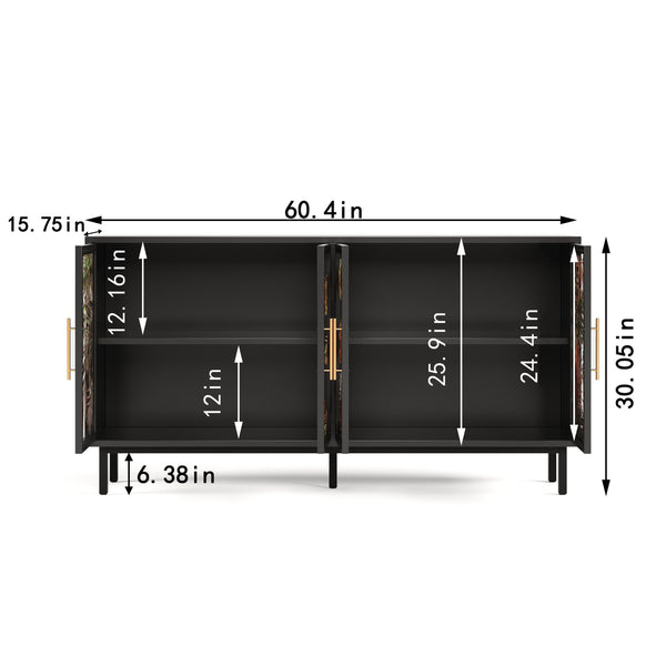 English Elm 60.3" Black Buffet Cabinet with Tropical Glazed Glass Doors, 4-Door Storage Console for Living Room W2263P367671
