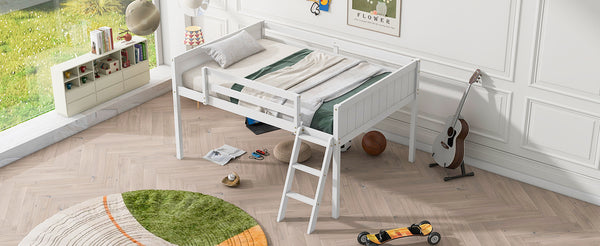 English Elm Full Low Loft Bed Pine Wood with Ladder & Guardrails, Space-Saving Play Area, Secure 350lb Capacity White WF531952AAK