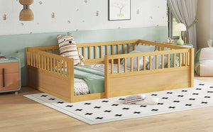 English Elm Full Montessori Floor Bed Frame with Fence for Kids — Pine Play & Reading Space, Sturdy Low Profile Natural W1580P307884