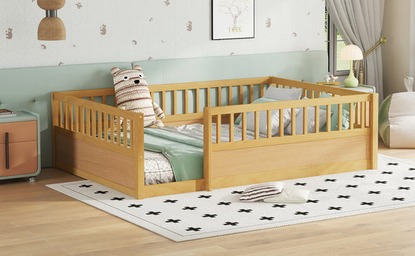 English Elm Full Montessori Floor Bed Frame with Fence for Kids — Pine Play & Reading Space, Sturdy Low Profile Natural W1580P307884