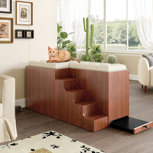 English Elm 56"L, 56"L Mid-Century Walnut Dog Crate Bench Ottoman with Sliding Barn Door, Padded Removable Cushion, Wheels, 300lb耐 N843P293660W