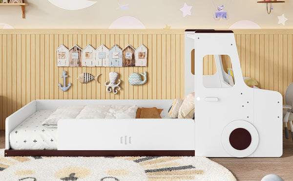 English Elm Twin Car Shaped Floor Bed with Storage Drawers and Built in Desk for Kids W1580P396323
