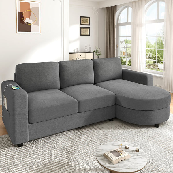 English Elm Modern L-Shaped Sectional Sofa With Curved Chaise, Usb Ports & Storage, Soft Chenille, Grey Finish N719S002170E
