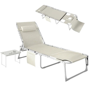 English Elm Folding Outdoor Chaise Lounge with Face Hole Side Table and Five Position Recline T3971P481184