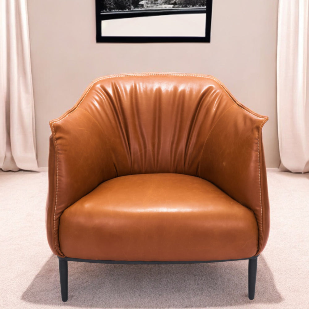 Homeroots 35" Terra Cotta And Brown Faux Leather Barrel Chair   395011