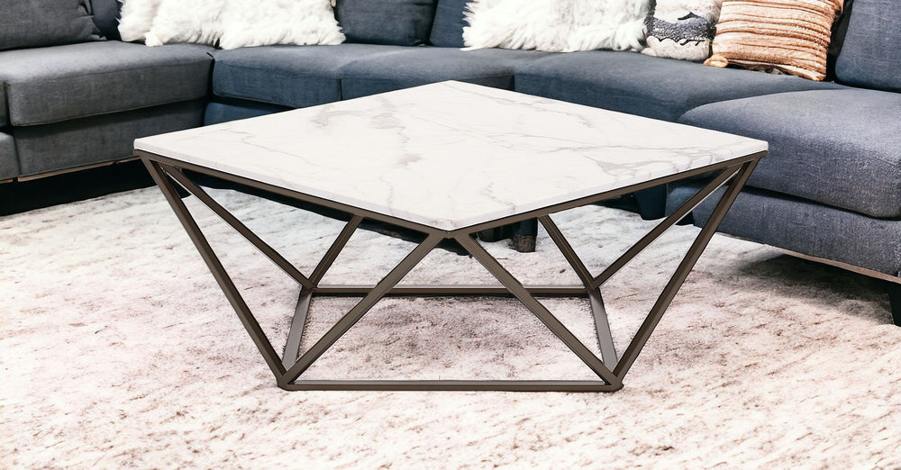Homeroots 36" White Faux Marble And Steel Square Coffee Table   395071