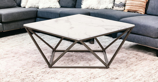 Homeroots 36" White Faux Marble And Steel Square Coffee Table   395071