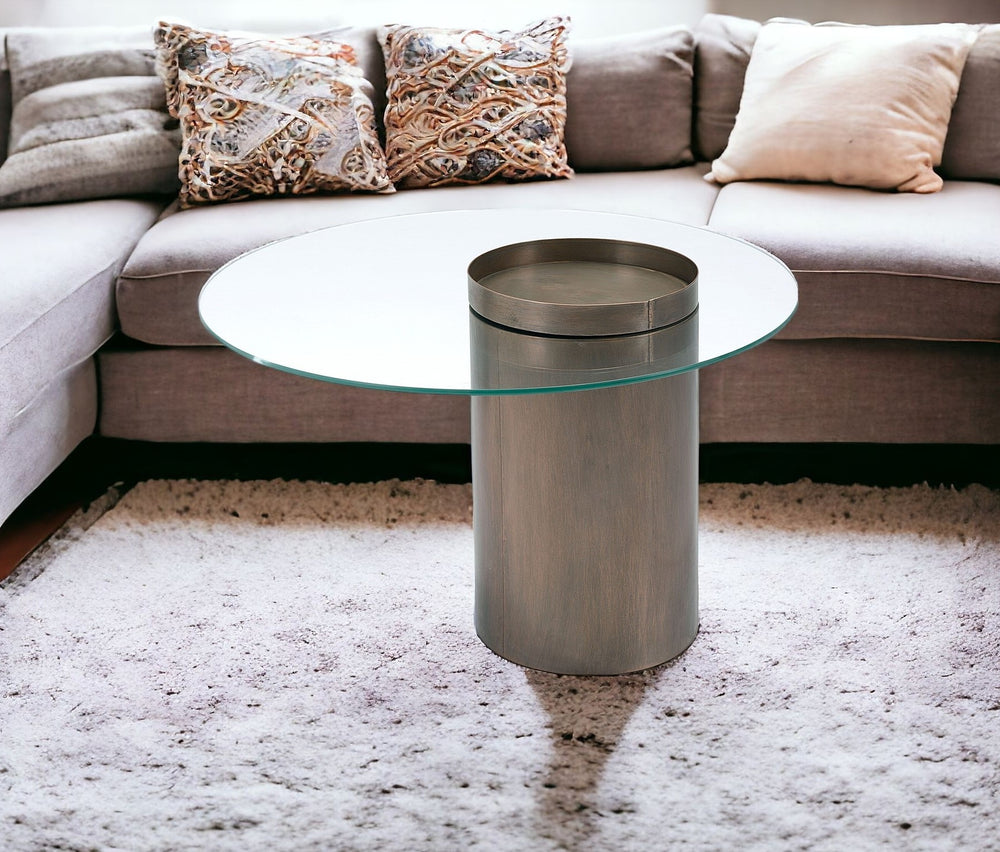 Homeroots Set Of Two 32" Clear And Antique Gold Glass And Steel Round Coffee Table   395072