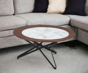 Homeroots Set Of Two 32" Brown White And Black Manufactured Wood Glass And Steel Round Bunching Coffee Tables   395077
