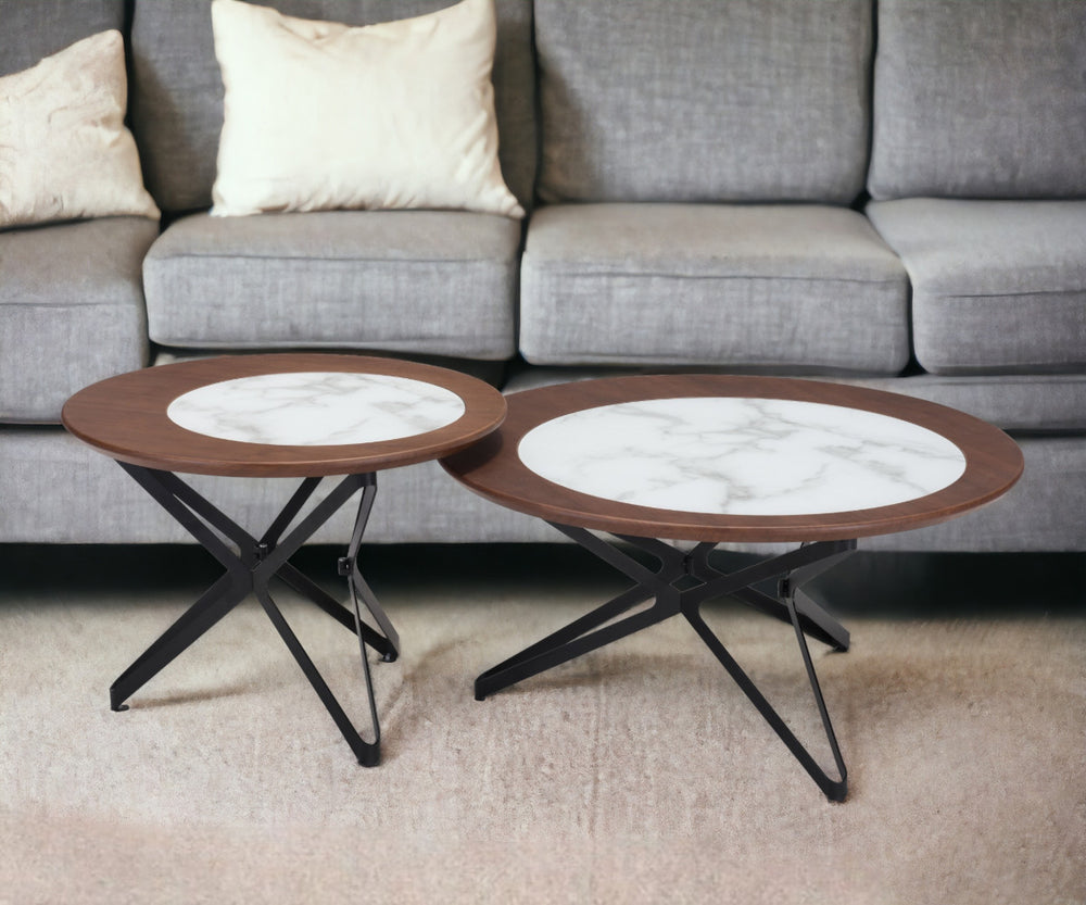 Homeroots Set Of Two 32" Brown White And Black Manufactured Wood Glass And Steel Round Bunching Coffee Tables   395077