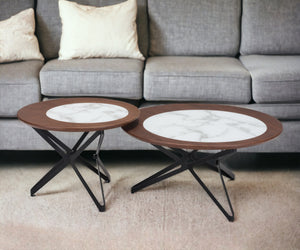 Homeroots Set Of Two 32" Brown White And Black Manufactured Wood Glass And Steel Round Bunching Coffee Tables   395077