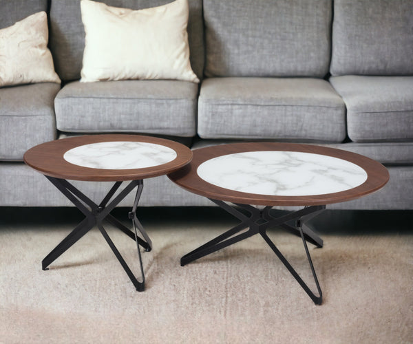 Homeroots Set Of Two 32" Brown White And Black Manufactured Wood Glass And Steel Round Bunching Coffee Tables   395077