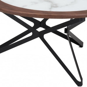 Homeroots Set Of Two 32" Brown White And Black Manufactured Wood Glass And Steel Round Bunching Coffee Tables   395077