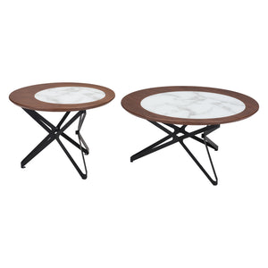 Homeroots Set Of Two 32" Brown White And Black Manufactured Wood Glass And Steel Round Bunching Coffee Tables   395077