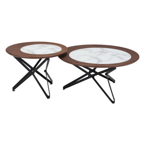 Homeroots Set Of Two 32" Brown White And Black Manufactured Wood Glass And Steel Round Bunching Coffee Tables   395077