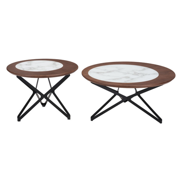 Homeroots Set Of Two 32" Brown White And Black Manufactured Wood Glass And Steel Round Bunching Coffee Tables   395077