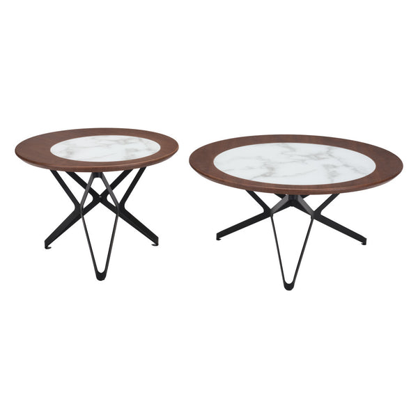 Homeroots Set Of Two 32" Brown White And Black Manufactured Wood Glass And Steel Round Bunching Coffee Tables   395077