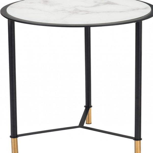 Homeroots Set Of Two 32" White And Black Glass And Faux Marble And Steel Round Bunching Coffee Tables   395083