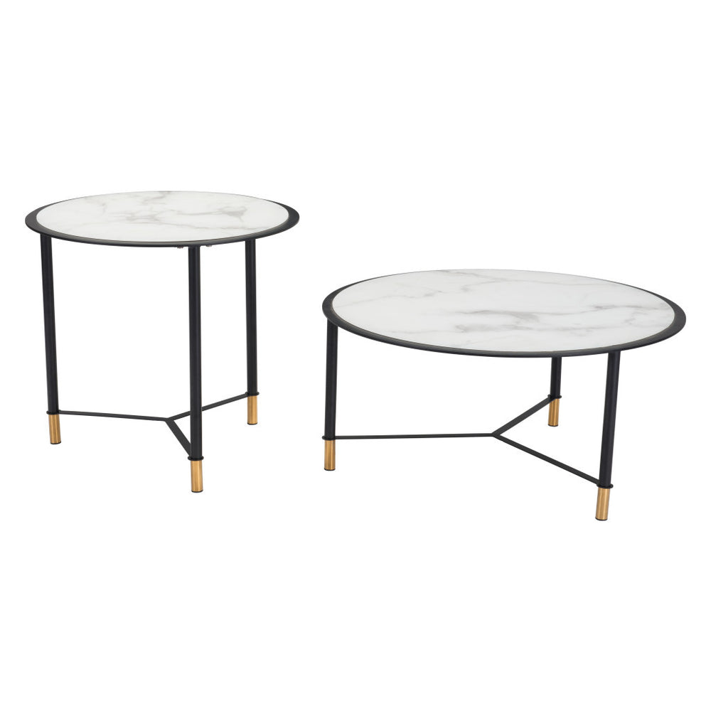 Homeroots Set Of Two 32" White And Black Glass And Faux Marble And Steel Round Bunching Coffee Tables   395083