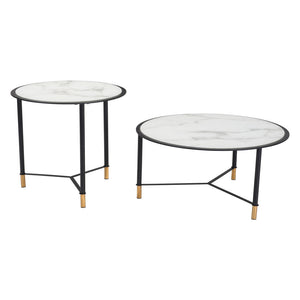 Homeroots Set Of Two 32" White And Black Glass And Faux Marble And Steel Round Bunching Coffee Tables   395083