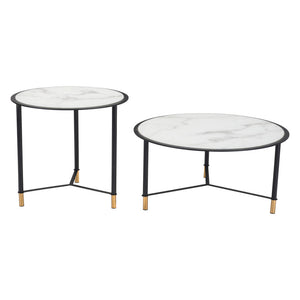 Homeroots Set Of Two 32" White And Black Glass And Faux Marble And Steel Round Bunching Coffee Tables   395083