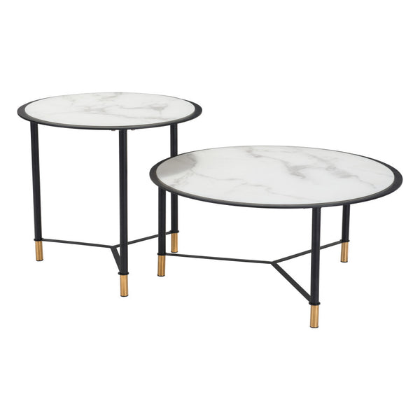 Homeroots Set Of Two 32" White And Black Glass And Faux Marble And Steel Round Bunching Coffee Tables   395083
