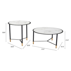 Homeroots Set Of Two 32" White And Black Glass And Faux Marble And Steel Round Bunching Coffee Tables   395083