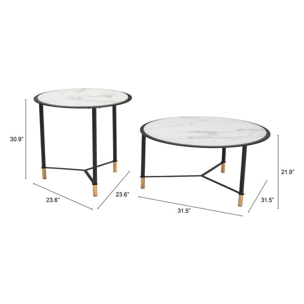 Homeroots Set Of Two 32" White And Black Glass And Faux Marble And Steel Round Bunching Coffee Tables   395083