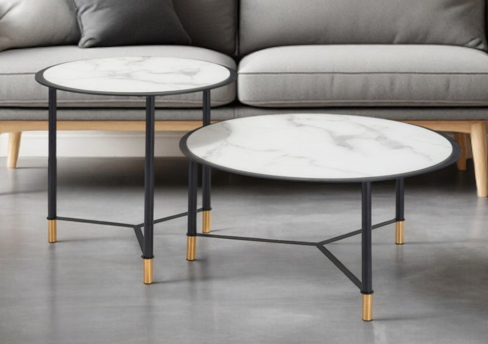 HomeRoots Set of Two Modern Round Faux Marble and Glass Coffee Tables with Black Steel Base for Any Space 395083