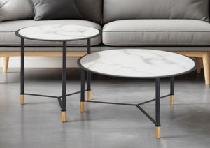 HomeRoots Set of Two Modern Round Faux Marble and Glass Coffee Tables with Black Steel Base for Any Space 395083