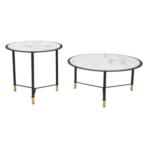 Homeroots Set Of Two 32" White And Black Glass And Faux Marble And Steel Round Bunching Coffee Tables   395083
