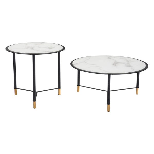 Homeroots Set Of Two 32" White And Black Glass And Faux Marble And Steel Round Bunching Coffee Tables   395083
