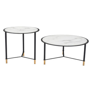 HomeRoots Set of Two Modern Round Faux Marble and Glass Coffee Tables with Black Steel Base for Any Space 395083