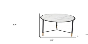 Homeroots Set Of Two 32" White And Black Glass And Faux Marble And Steel Round Bunching Coffee Tables   395083