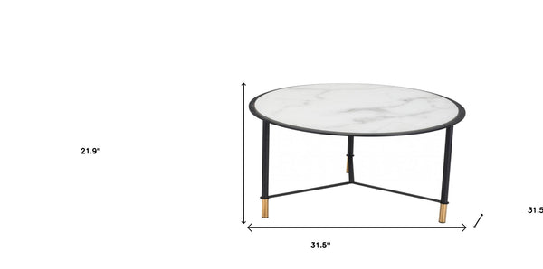 Homeroots Set Of Two 32" White And Black Glass And Faux Marble And Steel Round Bunching Coffee Tables   395083