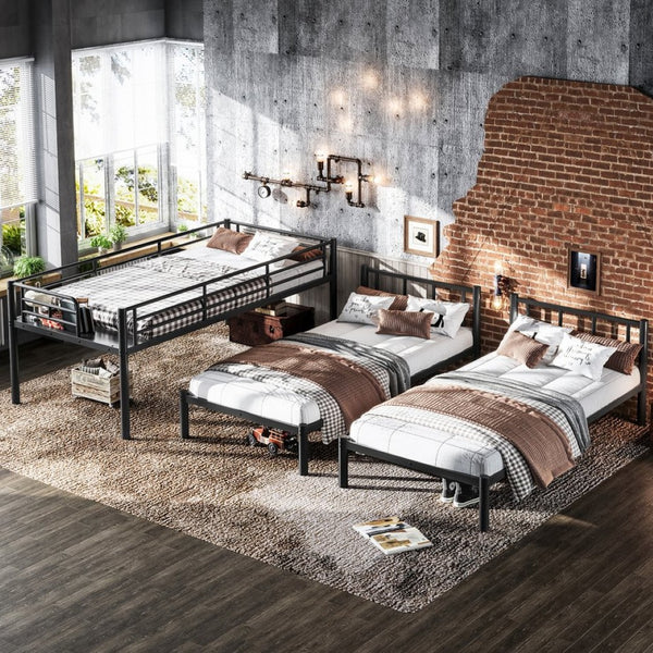 English Elm Twin Triple Bunk Bed Metal L-shaped Frame Sleeps Three Kids White Finish Black W1580S00615