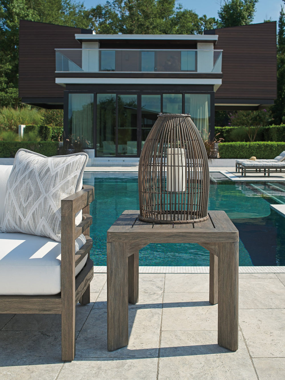 Lexington Tommy Bahama Outdoor 3950-955 La Jolla Rectangular End Table - Contemporary Teak Design With Faux Slate Top & Vintage Finish Taupe  3950-955