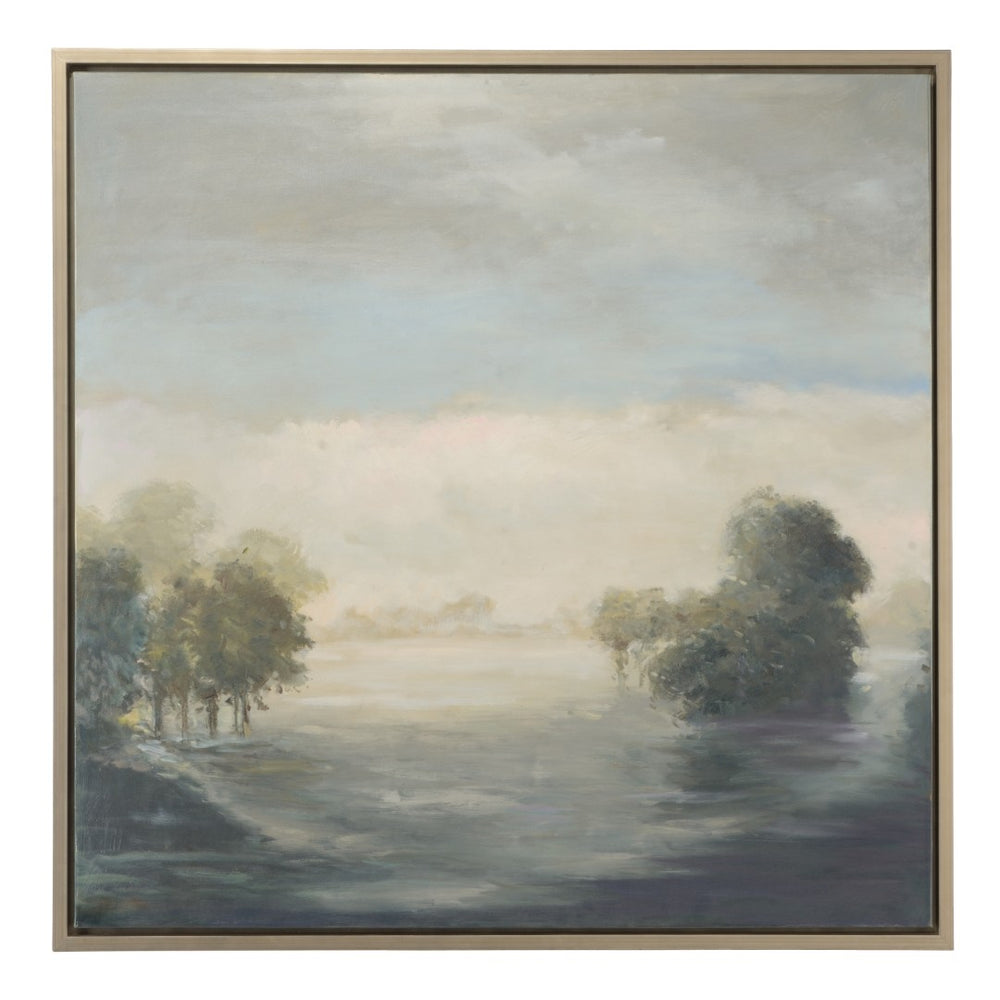 Wildwood Morning Mist Original Oil On Canvas Landscape In Silver Wood Frame — 44.5" Square, Textured Dawn Ambience 395102