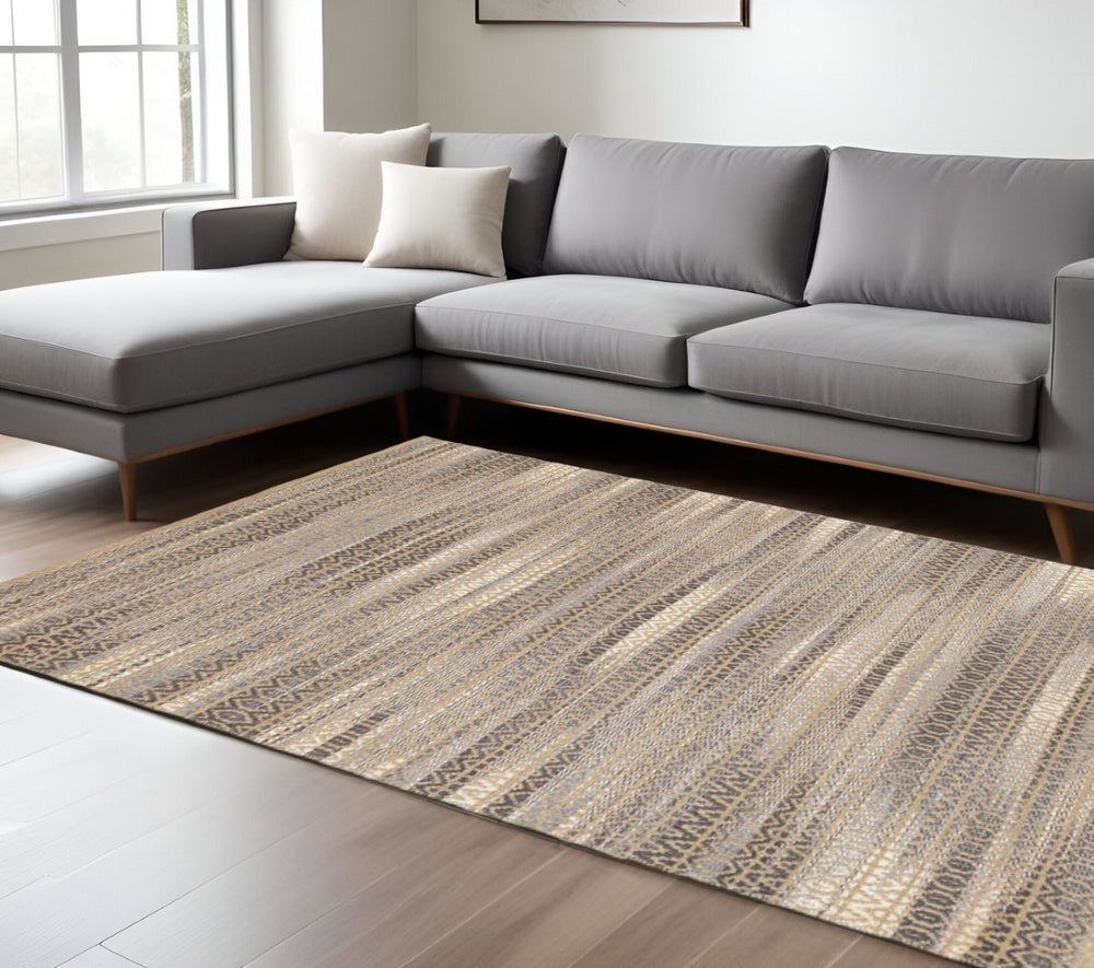 HomeRoots 9' Striated Gray and Tan Area Rug - Handcrafted Modern-Boho Accent for Stylish Living Spaces 9' x 12' 395135