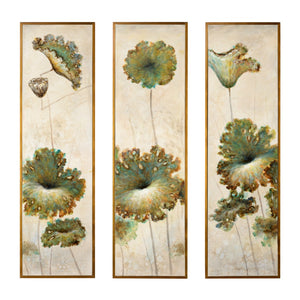 Wildwood Lotus Three-Panel Oil Triptych With Textured Impasto And Gold Frame—74" X 67" Elegant Floral Art 395139