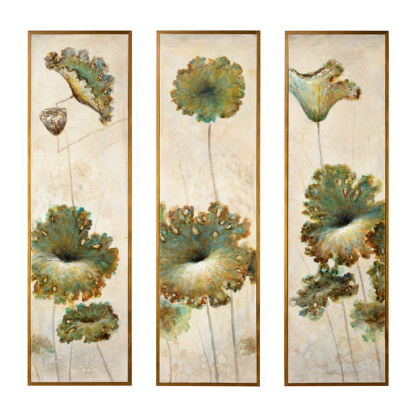 Wildwood Lotus Three-Panel Oil Triptych With Textured Impasto And Gold Frame—74" X 67" Elegant Floral Art 395139