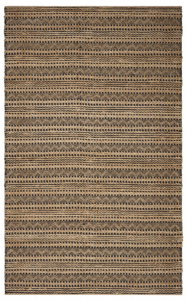 Homeroots 9' X 13' Tan And Black Intricate Striped Area Rug  Jute 395149