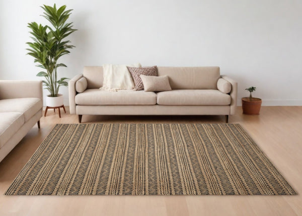 Homeroots 9' X 13' Tan And Black Intricate Striped Area Rug  Jute 395149