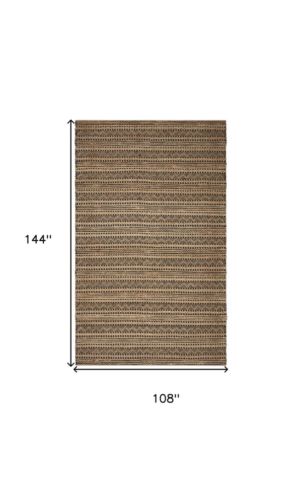 Homeroots 9' X 13' Tan And Black Intricate Striped Area Rug  Jute 395149