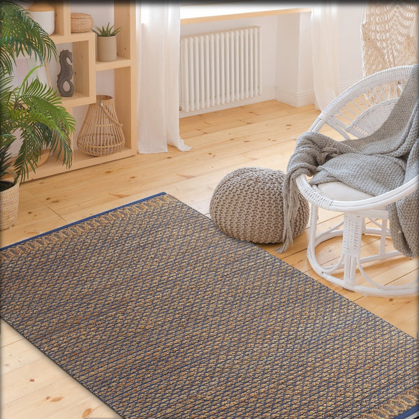 Homeroots 8' X 10' Tan And Blue Detailed Lattice Area Rug  Jute 395172